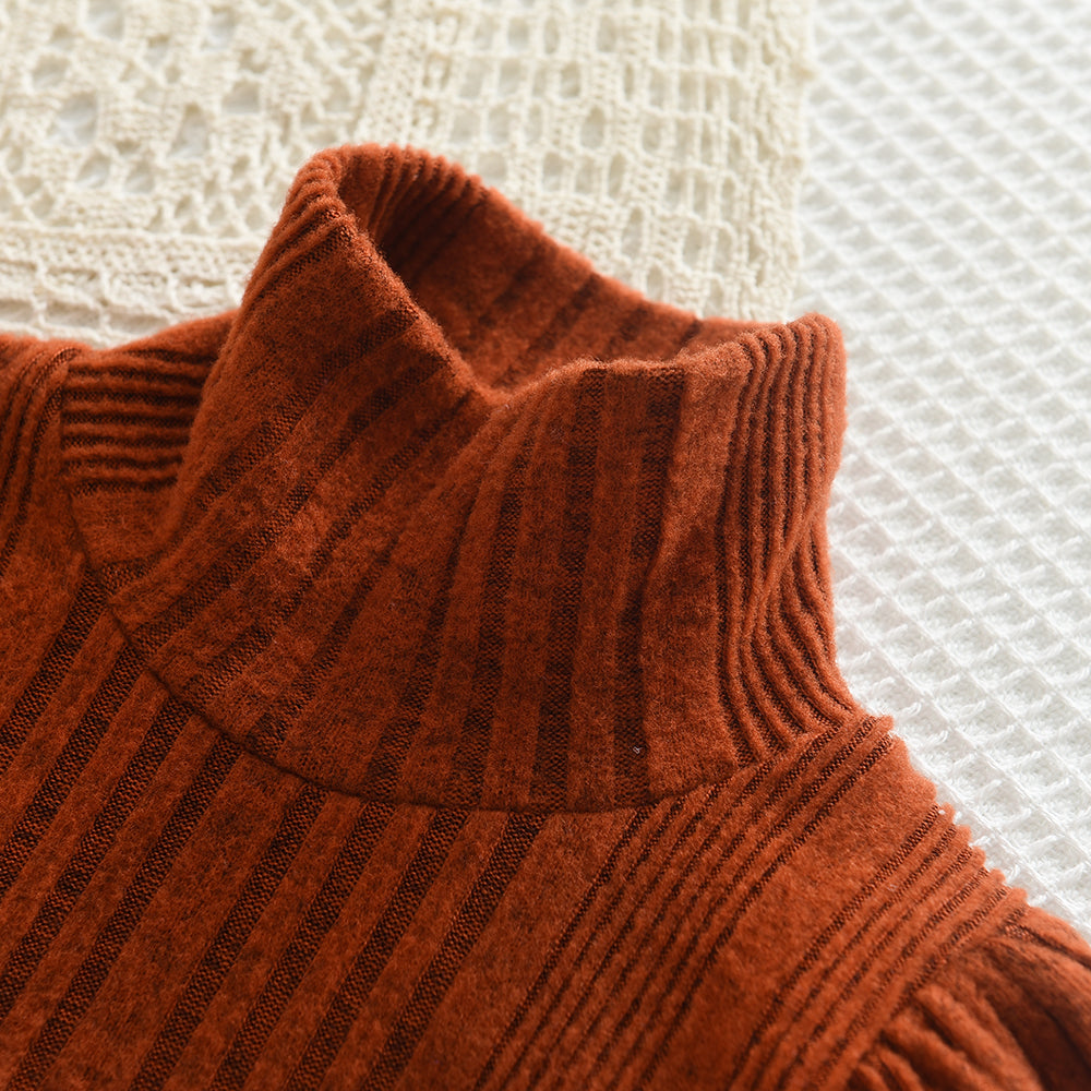 Girls' Woolen Dress 2023 New Children's Autumn Winter New High Neck Flying Sleeve Lace up Knitted Long Sleeve Dress