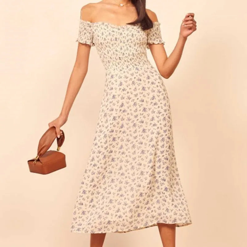 Summer Retro Elegant Elastic off Shoulder Long Dresses France Beige Floral Print Vintage Back Zipper Women Summer Dress