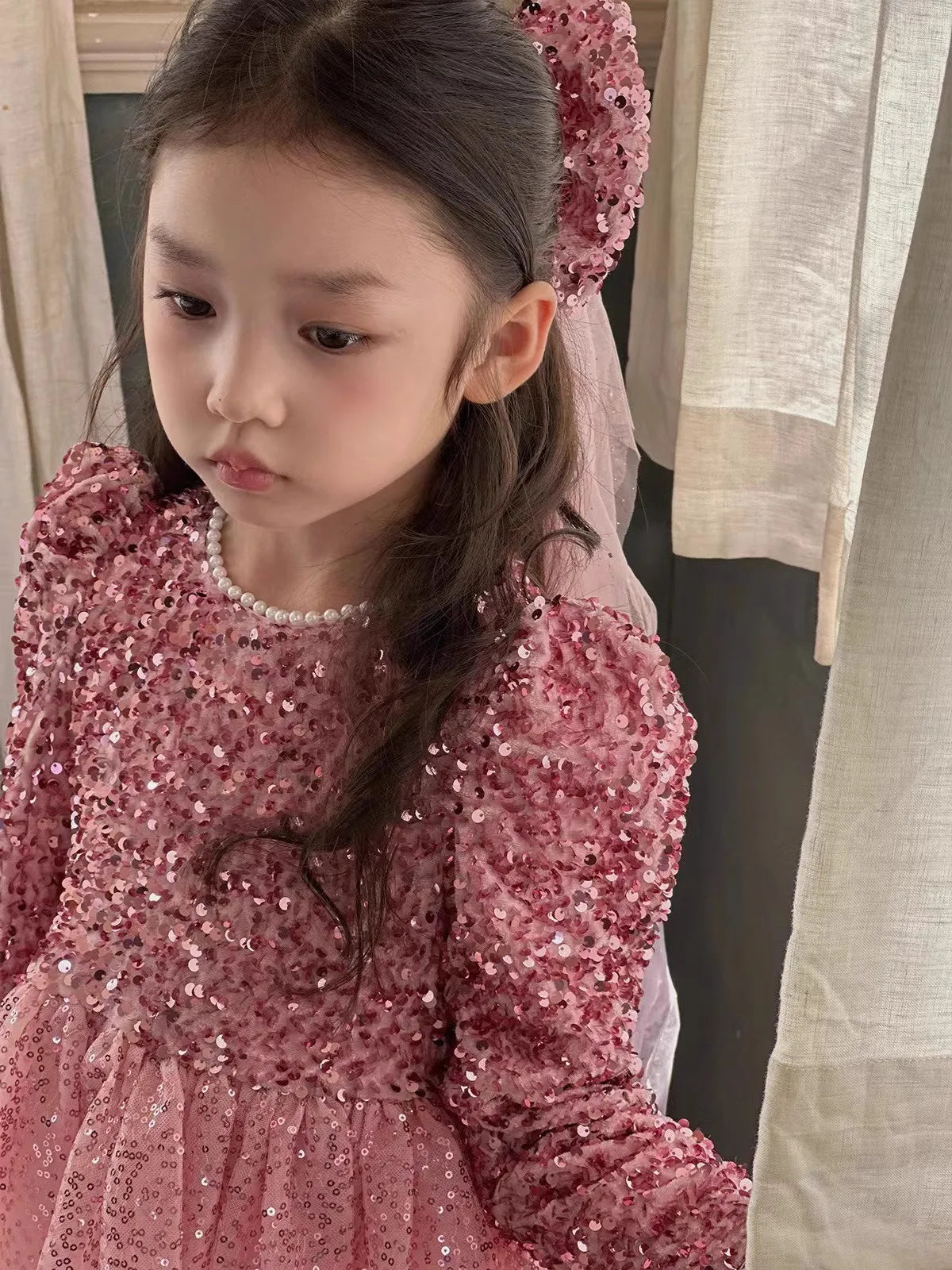 Winter Baby Girls Sequin Work Fleece Lined 4-Layer Mesh Zip Back Dresses with Head Veil Kids Outfit Children Sweet Skirt 2-8 Yr