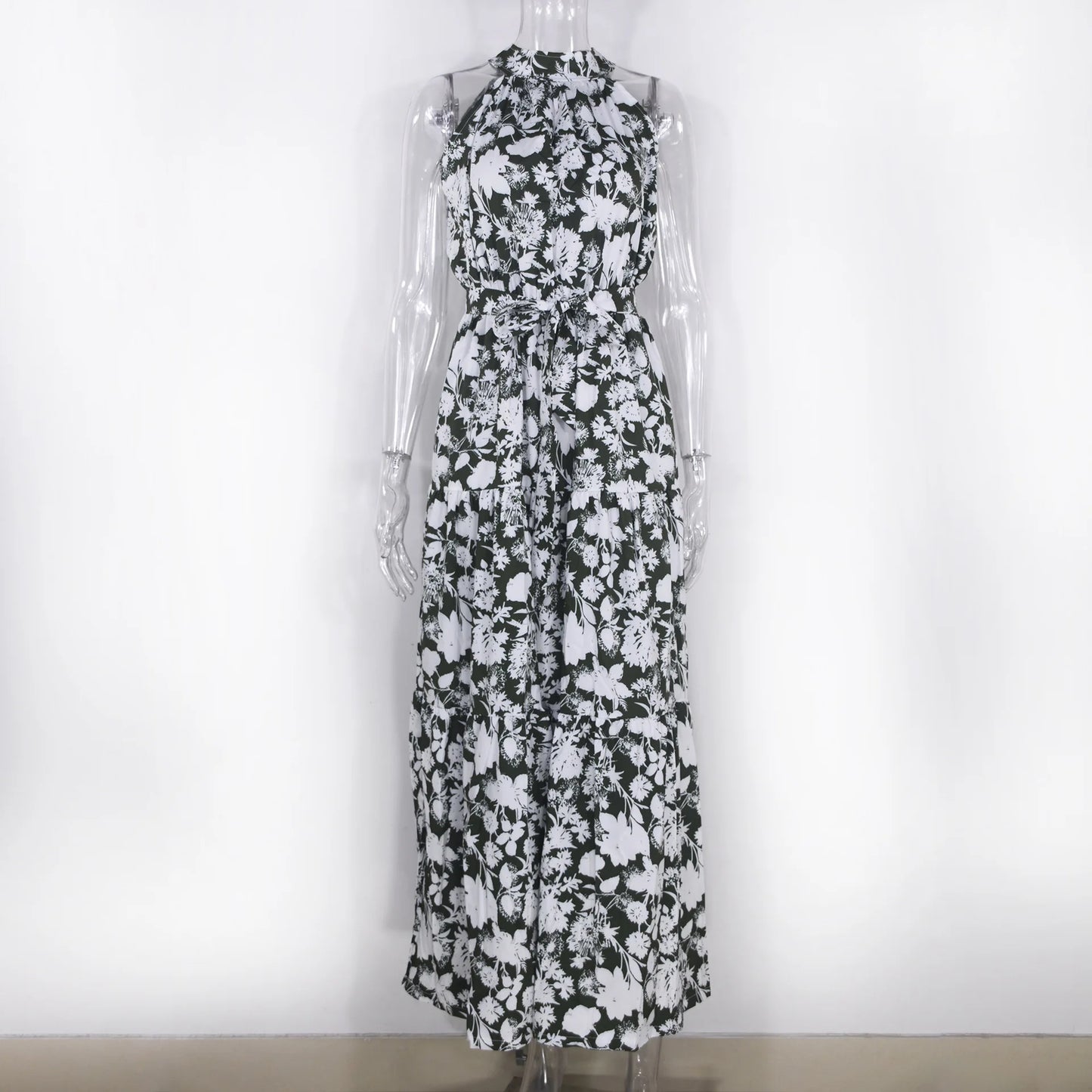 Summer Floral Print Halter Neck Dresses For Women Sleeveless Leace-up Long Dress Casual Beach Holiday Vestidos Female Clothing