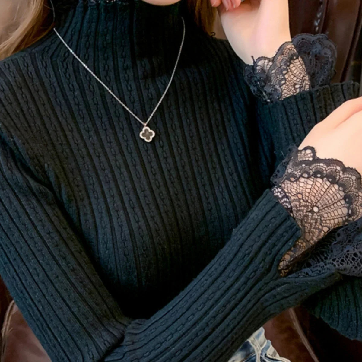 autumn Knitted Turtleneck Long Sleeve Slim Jumper Tops Women Sweater Pullover Lace splicing Ladies Casual Shirts Soft Clothing
