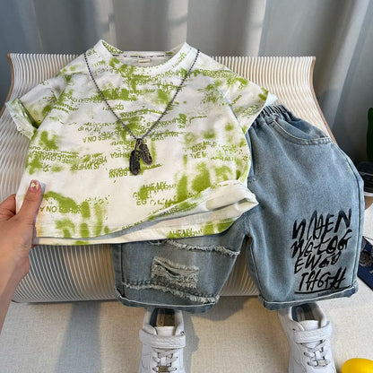 Boys Summer 2025 Boutique Design Outfits Baby Boys Short Sleeve Striped T-Shirt Jeans Shorts 2pcs Korean Clothes for Children
