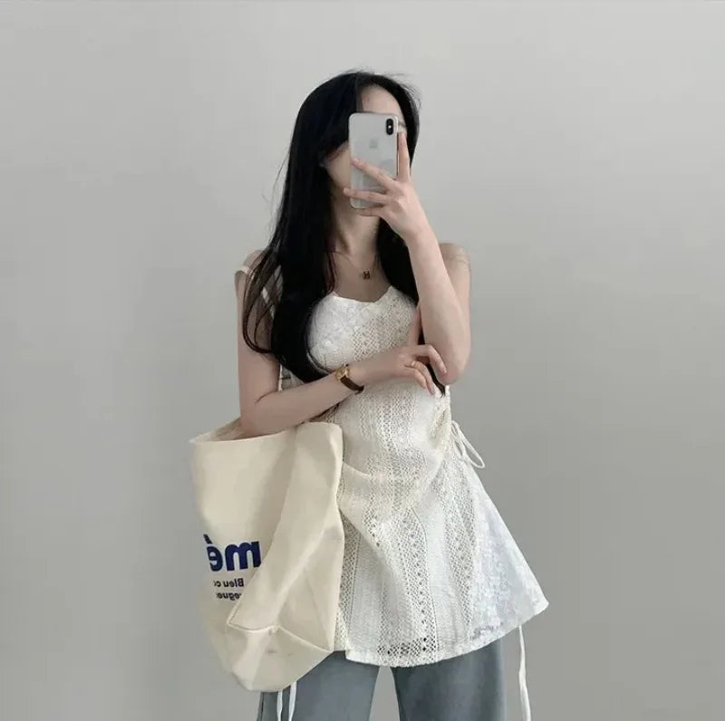 Summer Dress Women Chic French Lace Stitching Sling Shirt Stacked Gauze Knitted Dress Overskirt Inner Wear Base Short Dress