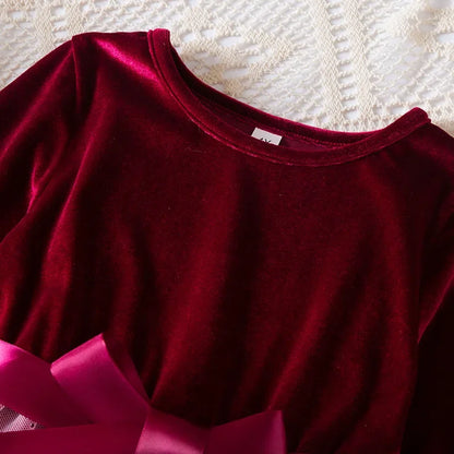 Girl Party Princess Dress Autumn Winter 3-8Y Children Christmas New Year Velvet Top Gradient Stars Mesh Bow Dres