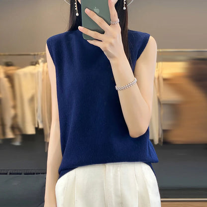 2024 Cashmere Vest Women's 100% Merino Wool Pullover Indoor Sleeveless Sweater Half-turtleneck Office Tops Waistcoat
