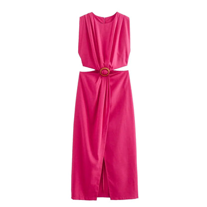 Summer Dress For Women 2024 Solid Waist Hollow Out O-Neck Sleeveless Slit Long Dresses Wild Casual Beach Woman Even Dress