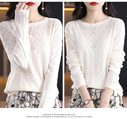 Worsted Wool Sweater Women's Spring 2023 New Western-Style Solid Color Round Neck Top With Long Sleeve Bottom Hollowed-Out Thin