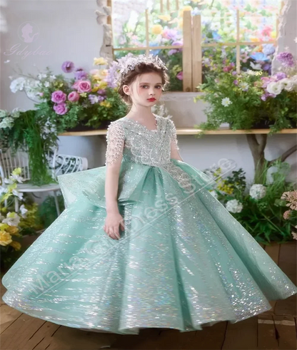Beautiful Girls Party Dress Green Celebration Wedding Tube Bead Lace Flower Girl Dress Birthday Princess Pageant