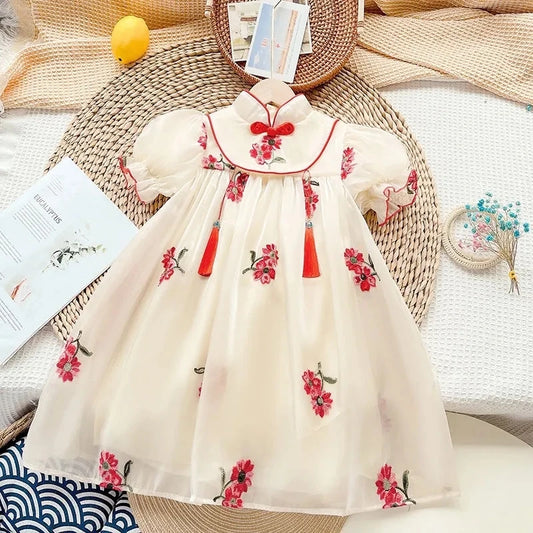 Hanfu Girls' Summer Dress Children's Chinese Style Spring Princess Dress Girls' Short Sleeve Dress Cheongsam