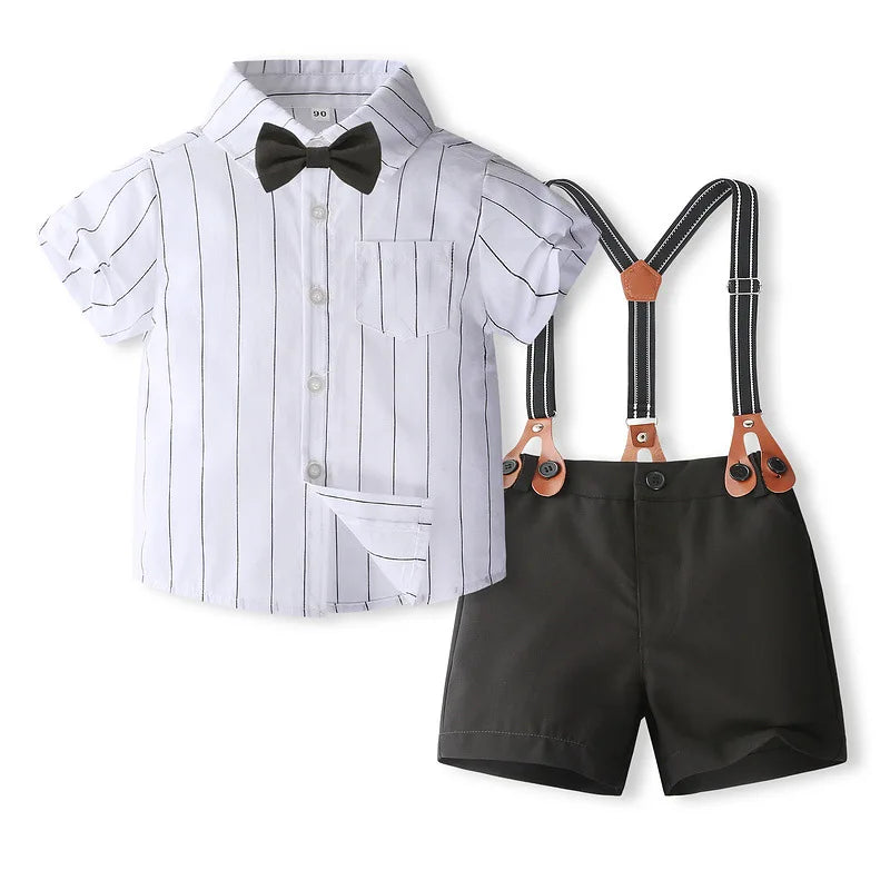 Summer Baby Boys Party Dress Suit Cotton Short Sleeve With Shirt + Belt Shorts 2PCS Outfits Kids Boys Gentleman Clothes Sets