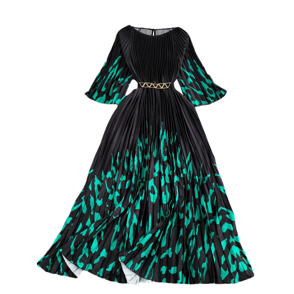 Women's Summer Dress Light Mature Style Retro Style Ruffled 5/4 Sleeves Round Neck Waist Shrinking Print A-line Dress D3971