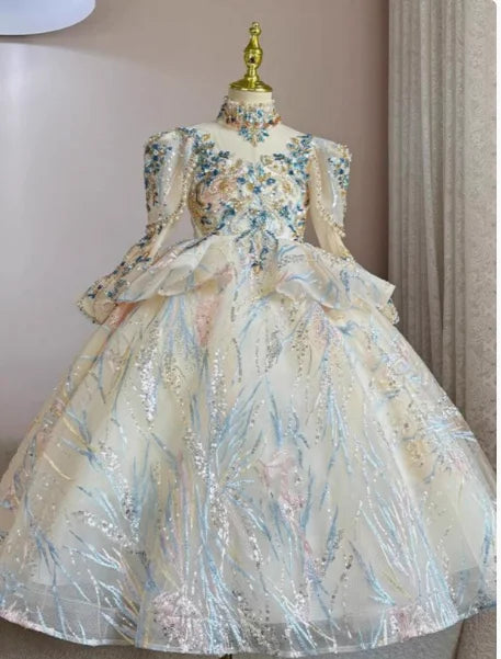 Girls Summer Party Dress Puffy PrincessFlower Pageant Host Formal Gown Girl Outfit Piano Recital Performance Birthday Wedding