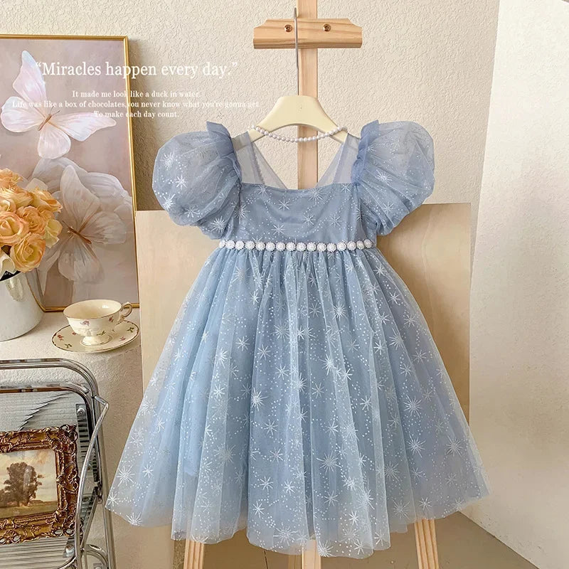 Girls Casual Dresses Summer Dress for Girls Children's Ethereal Puff-Sleeve Tulle Princess Dress Kids Clothes