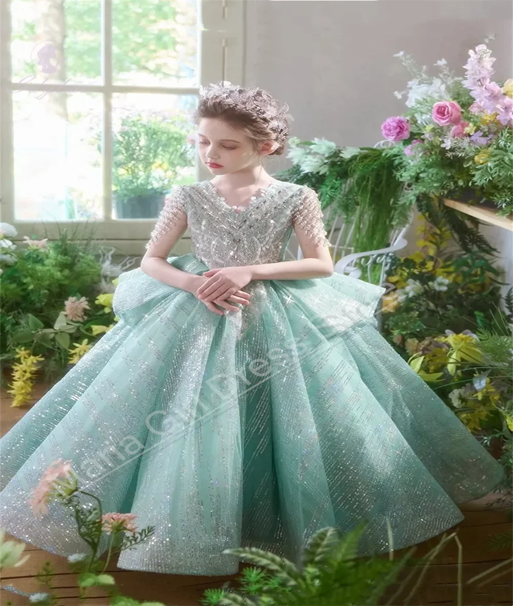 Beautiful Girls Party Dress Green Celebration Wedding Tube Bead Lace Flower Girl Dress Birthday Princess Pageant