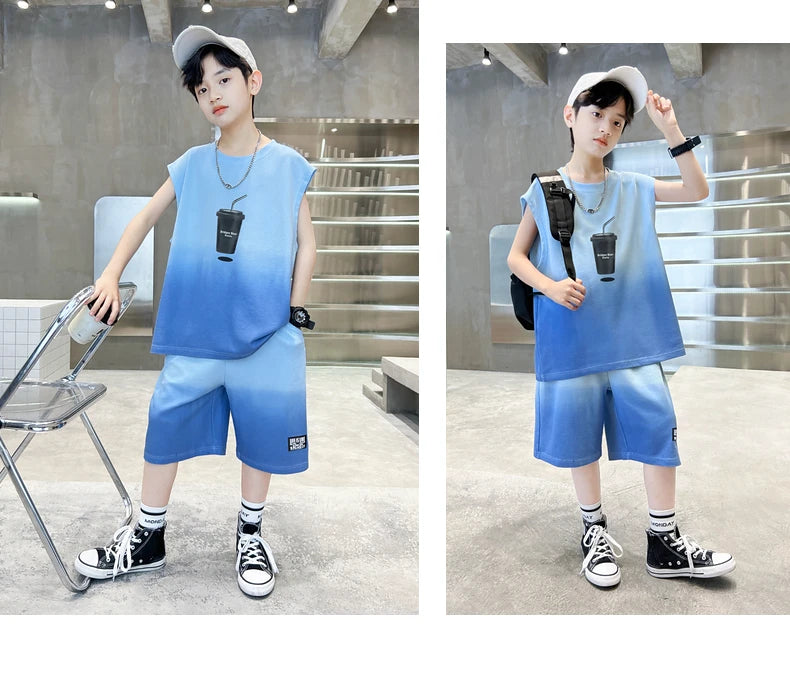 Fashion Boys Summer Top and Bottom set Clothing for Kids Child Casual Sleeveless Tshirt And Shorts Two Pieces Tracksuit Outfit