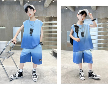 Fashion Boys Summer Top and Bottom set Clothing for Kids Child Casual Sleeveless Tshirt And Shorts Two Pieces Tracksuit Outfit