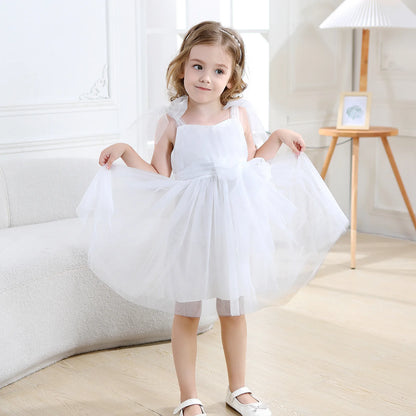 Flower Girl Dresses Pink Tulle Puffy With Bow Sleeveless Toddler Girls Baptism Wedding Birthday Party Dress Leisure Frocks