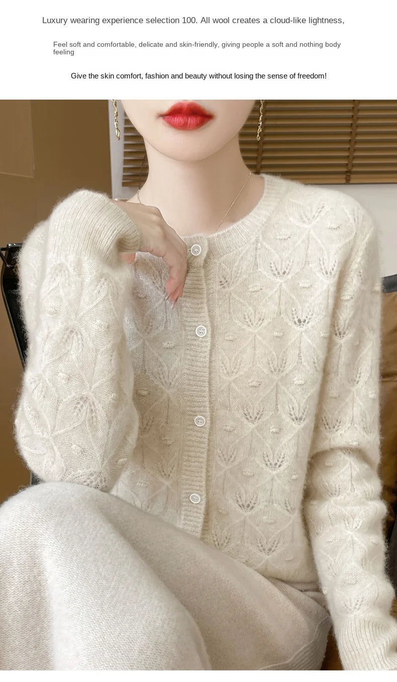 2024 Autumn And Winter New Round Neck Hollowed Out 100 Wool Knitted Cardigan Women's Versatile Coat Loose Casual Sweater DMR281