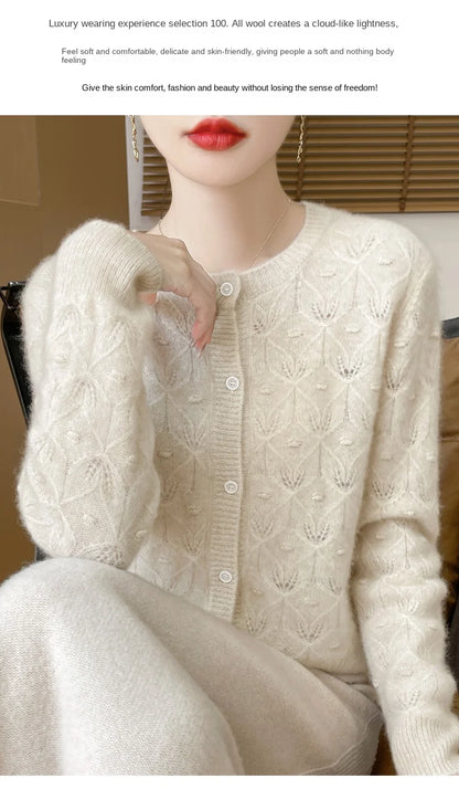 2024 Autumn And Winter New Round Neck Hollowed Out 100 Wool Knitted Cardigan Women's Versatile Coat Loose Casual Sweater DMR281