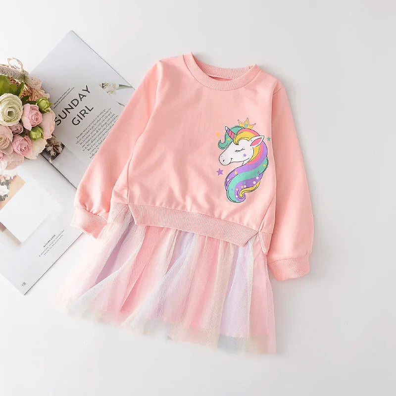 Girl Unicorn Princess Dress 2025 New Winter Girl Dress Children's Unicolor Sweaters + Mesh Dress Set Children's Clothing 2-8Y