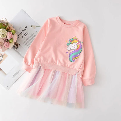 Girl Unicorn Princess Dress 2025 New Winter Girl Dress Children's Unicolor Sweaters + Mesh Dress Set Children's Clothing 2-8Y