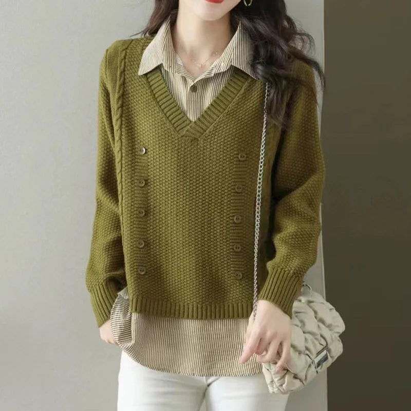 New Fake Two Piece Top Knit Sweater Women's Splice Shirt Collar Spring Autumn  Korean Loose Long Sleeve Sweater Female Pullover