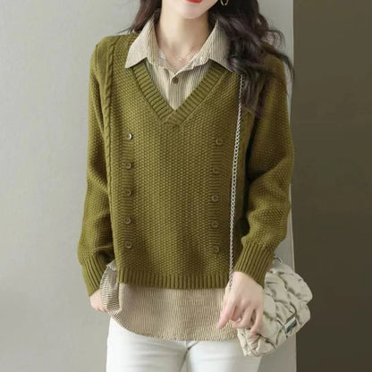 New Fake Two Piece Top Knit Sweater Women's Splice Shirt Collar Spring Autumn  Korean Loose Long Sleeve Sweater Female Pullover