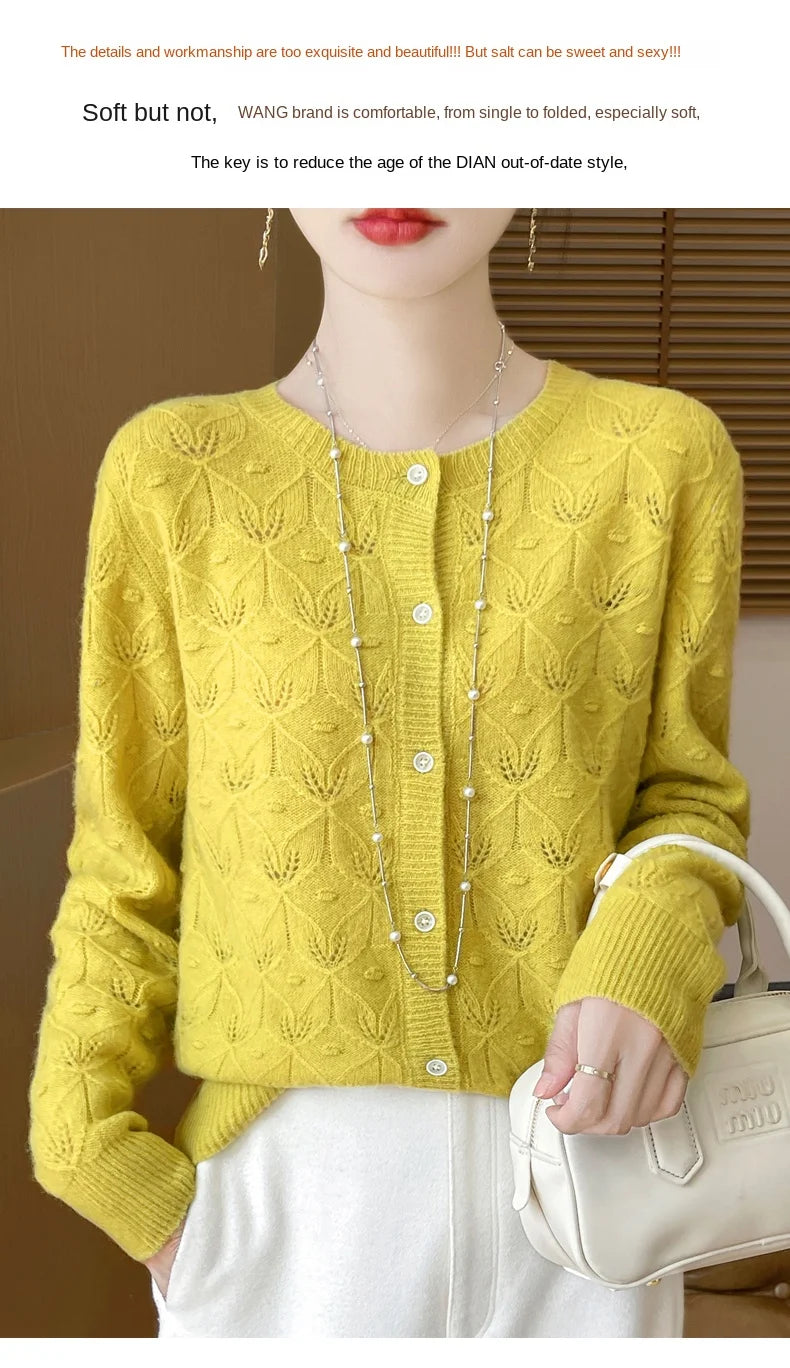 2024 Autumn And Winter New Round Neck Hollowed Out 100 Wool Knitted Cardigan Women's Versatile Coat Loose Casual Sweater DMR281