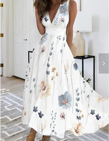 2025 Women's Summer Casual Dress Elegant Party Sleeveless Long Dress Robe Sexy Bohemian Print Dresses Vestidos Swing Sundress