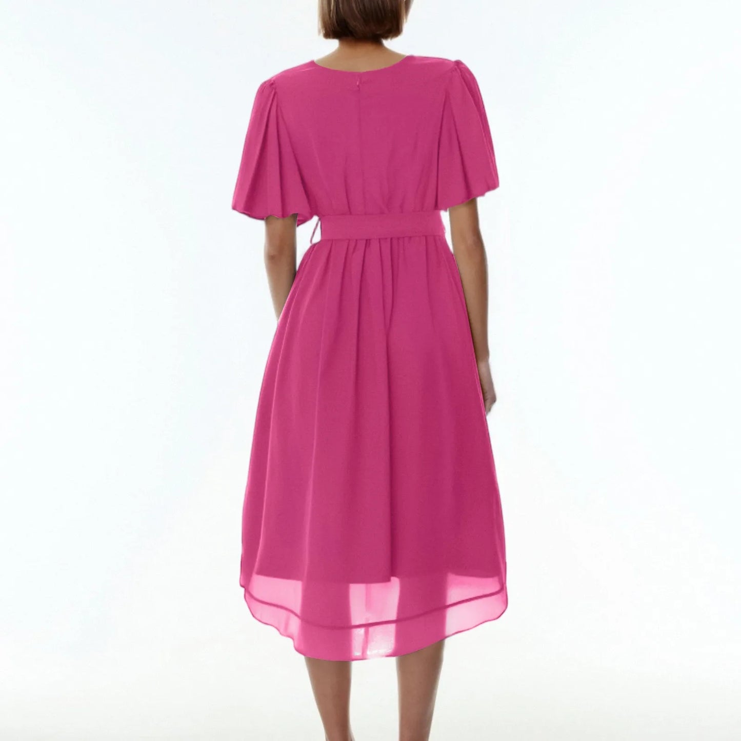 Women Summer Thin Dress Daily Casual Fashion Wrinkles V-Neck Waist Cinching A-Line Zipper Dress Lightweight Comfy Vacation Dress