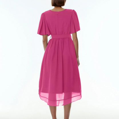 Women Summer Thin Dress Daily Casual Fashion Wrinkles V-Neck Waist Cinching A-Line Zipper Dress Lightweight Comfy Vacation Dress