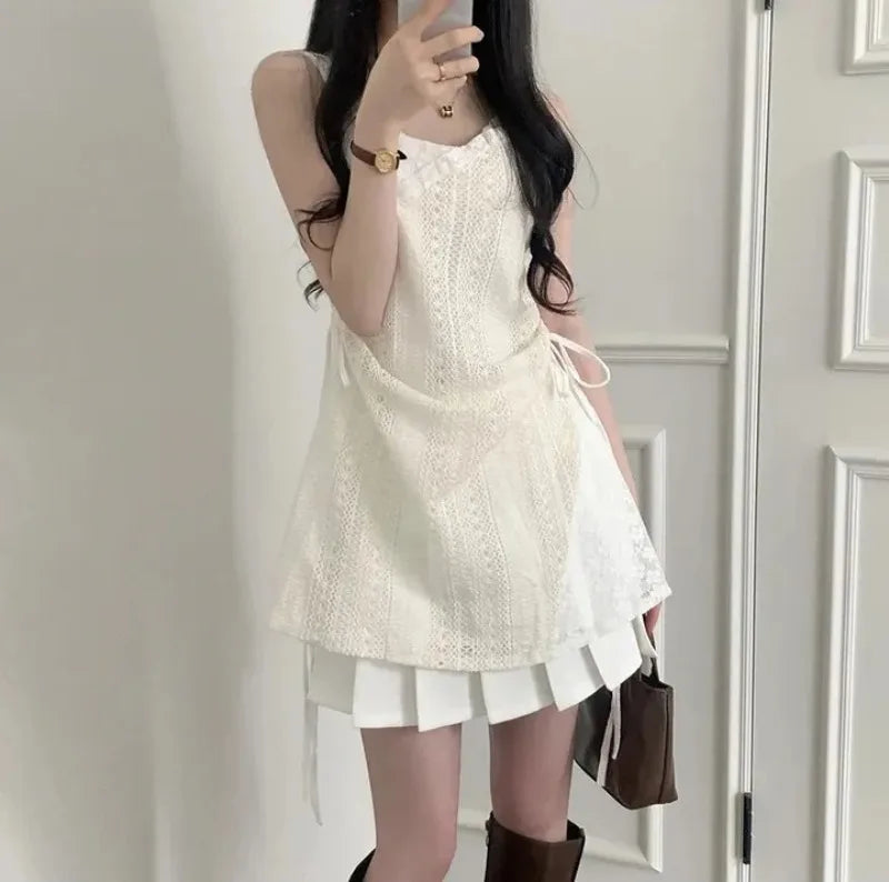 Summer Dress Women Chic French Lace Stitching Sling Shirt Stacked Gauze Knitted Dress Overskirt Inner Wear Base Short Dress
