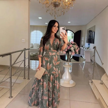 Summer Women Dresses Floral Print Ruffles Boho V-neck Short Sleeve Casual Loose Beach Dress Elegant Holiday Maxi Long Dress Robe