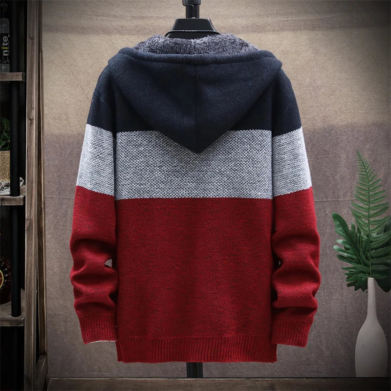 2025 Autumn Winter Fleece Hooded Sweatercoat Striped Knitted Cardigan Men Warm Casual Sweater Jackets Thick Knit Windbreaker Man