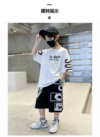 Boys Summer Trendy Casual Sports 2pcs T-shirts+Pants Suits 3-14 Years Teenage Boys Hip Hop Style Fashion Outfits Clothes Sets