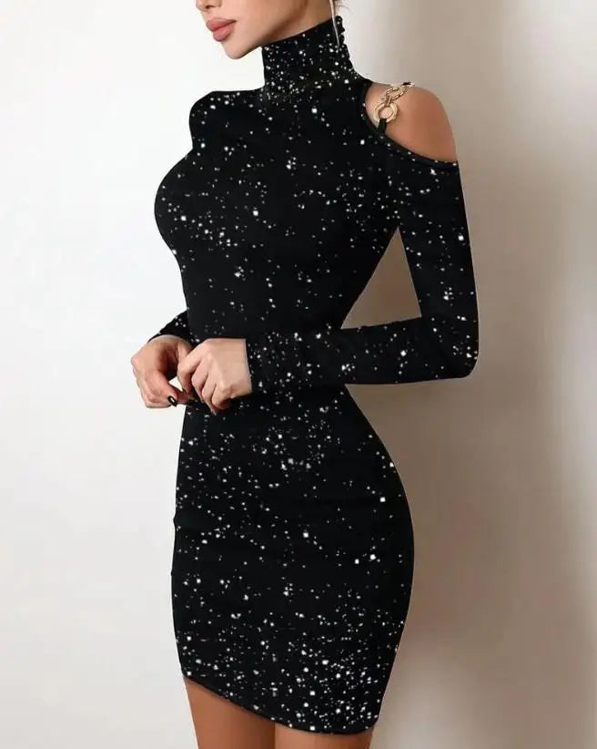 Women's Dresses 2022 Summer Fashion Sexy Off Shoulder Contrast Lace Glitter Plain Skinny Party Mini Long Sleeve Dress