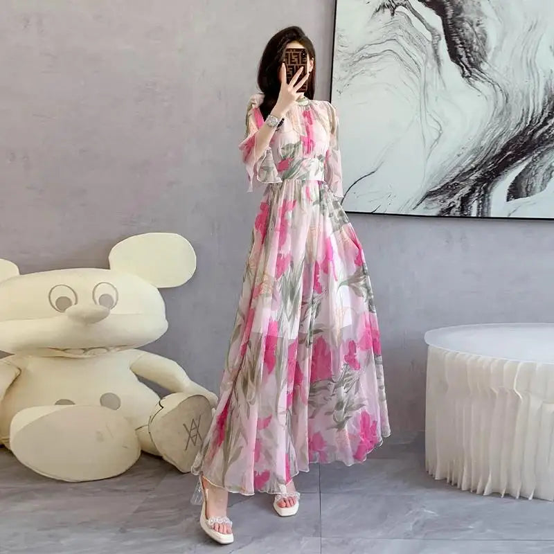 Summer Holiday Floral Dress Women Beach Flower Print Flare Sleeve Back Bow Lace Up High Waist Draped Chiffon Party Long Vestidos