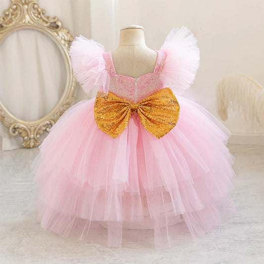 Girl's Flutter Sleeve Bow Princess Dress Wedding Flower Girl Dress Girl's Birthday Party Piano Host Masquerade Performance Costume