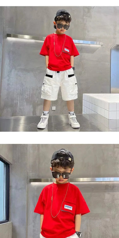 Boys Summer Set 2024 New Western Style Summer Children's Korean Loose Short Sleeved Workwear Two Piece Set Trendy