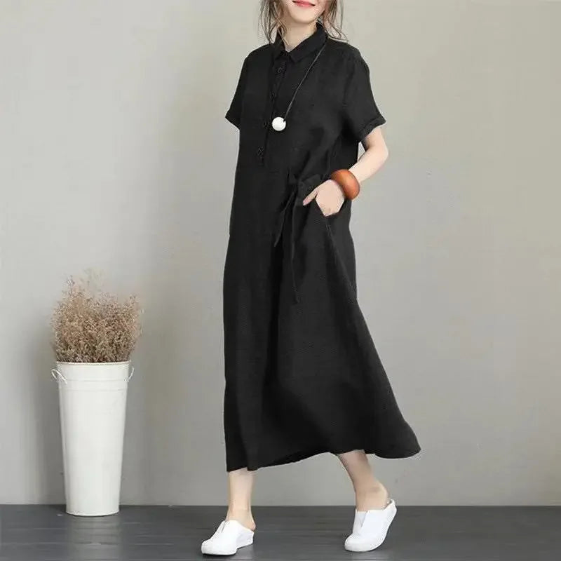 Women Summer Temperament Dress New Solid Color Lapel Short Sleeved Loose Pocket Casual Dress for Women Cotton Linen Clothing