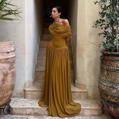 Elegant Long Summer Dress For Women Fashion Off-shoulder Slim Evening Party Dresses Luxury High Waist Pleated Maxi Dress 2025