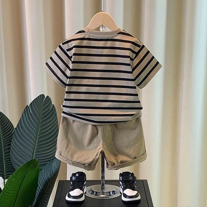 0-5 years old Boys' summer outfit set Summer short sleeved shorts New children's striped baby two-piece set