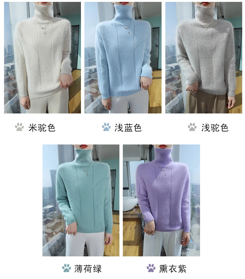 2024 Autumn and Winter Women's Dress 100% Mink Cashmere Sweater Turtleneck Knitted Long Sleeve Thick Warm Pullover Fashion Top