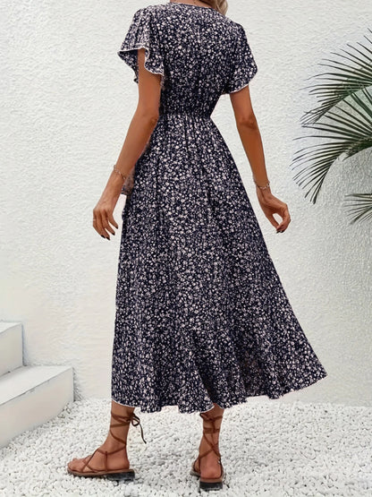 Women's Summer Flower Print Ruffle Dress Fashion 2025 Elegant Short Sleeve Wrap V Neck Tie Side Dresses