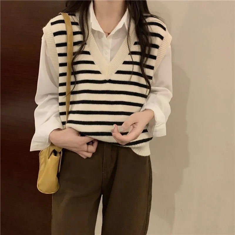 Women Autumn Winter Preppy Style Sweater Vest New Fashion Pullover Elastic Knit Ladies Jumper Casual Stripped Female Basic Tops