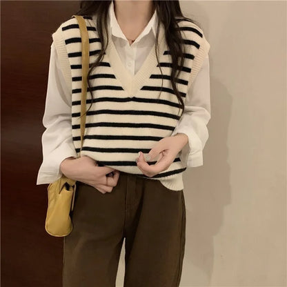 Women Autumn Winter Preppy Style Sweater Vest New Fashion Pullover Elastic Knit Ladies Jumper Casual Stripped Female Basic Tops