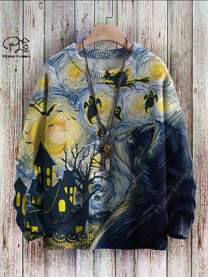 New Halloween Series 3D Printed Horror Crow Skeleton Cat Witch Pattern Authentic Ugly Sweater Winter Casual Unisex Sweater W-1