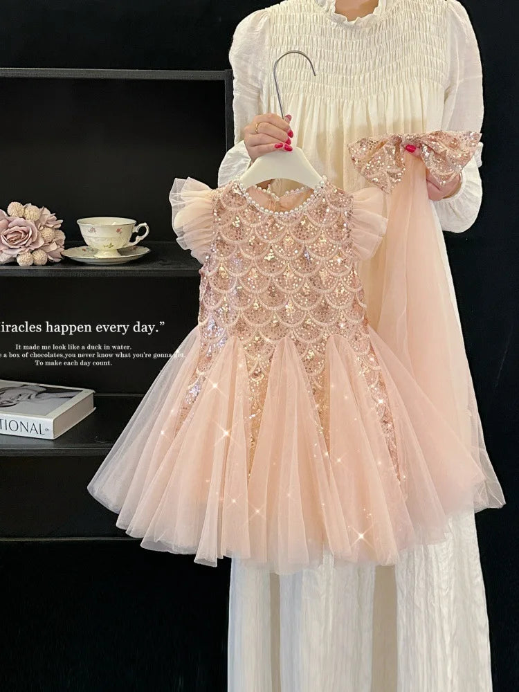 Girls Dress 2025 Summer New Children Elegant Princess Dress Baby Fashion Mesh Flying Sleeve Tank Top Dress