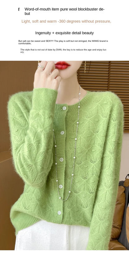 2024 Autumn And Winter New Round Neck Hollowed Out 100 Wool Knitted Cardigan Women's Versatile Coat Loose Casual Sweater DMR281