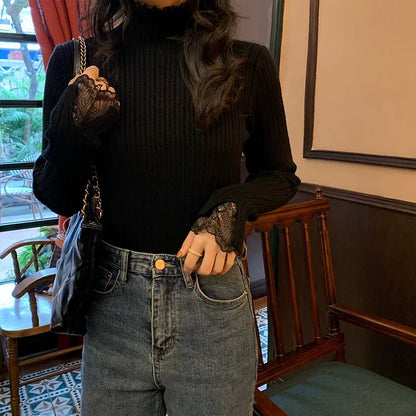 autumn Knitted Turtleneck Long Sleeve Slim Jumper Tops Women Sweater Pullover Lace splicing Ladies Casual Shirts Soft Clothing